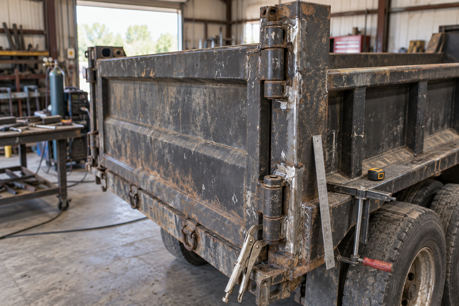 Worn dump trailer tailgate hinge and corner post beside tools and clamps.