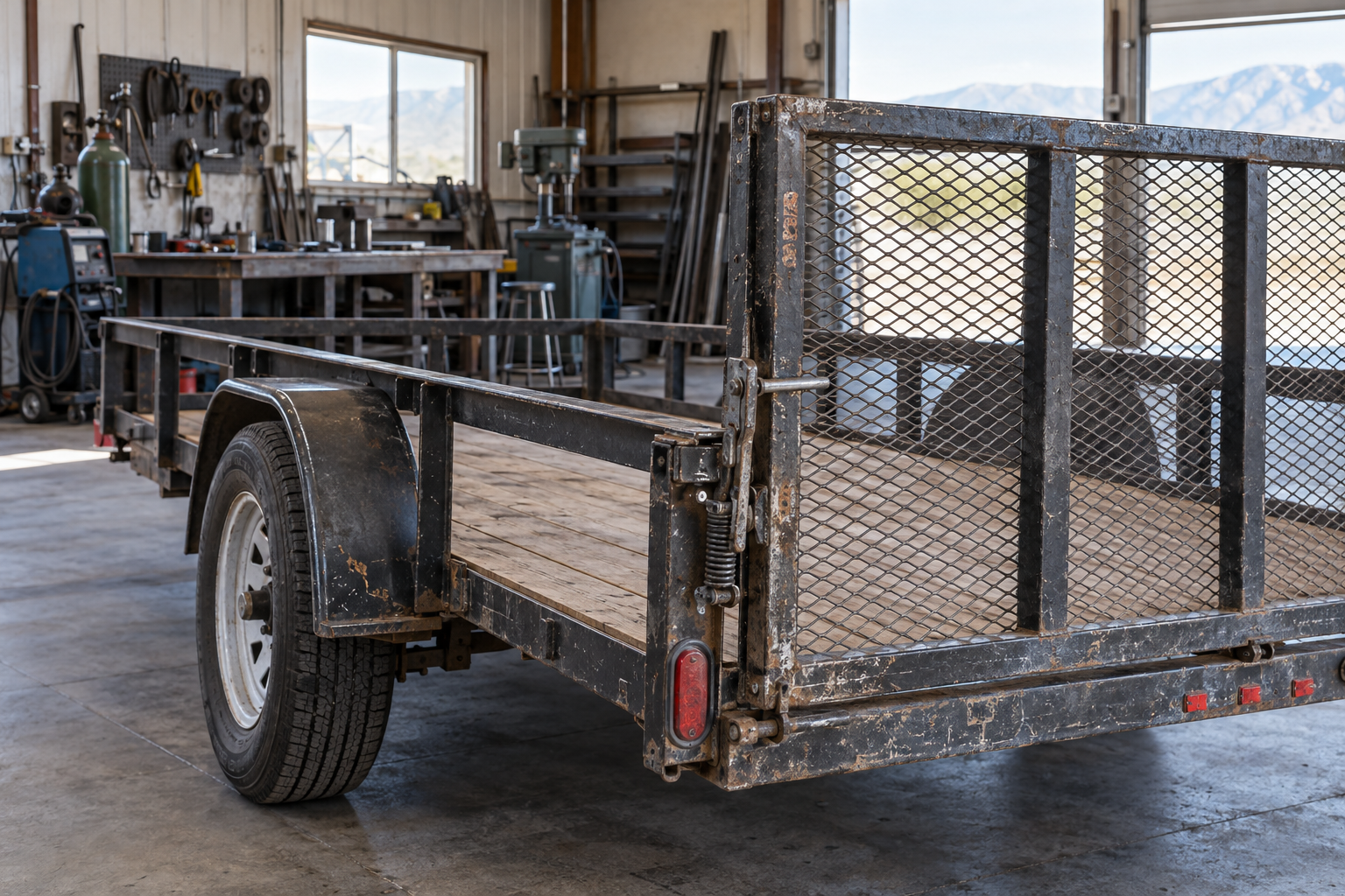 Weathered mesh-sided utility trailer with its mesh tailgate inside a metal shop.