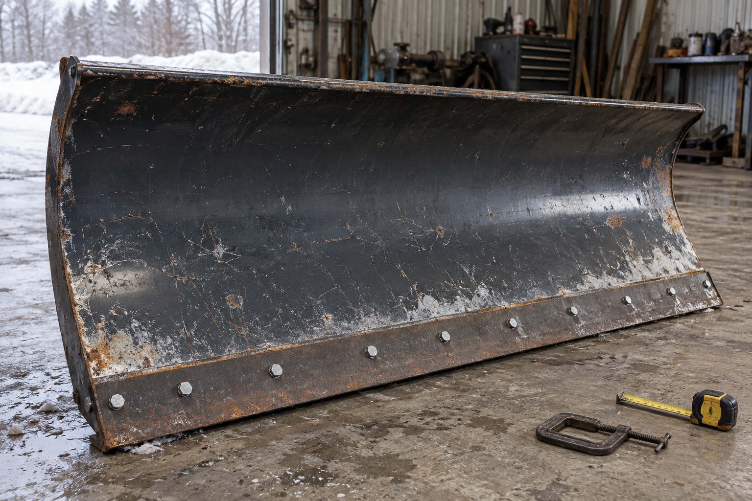 Worn curved snowplow blade with a bolted cutting edge on a shop floor.