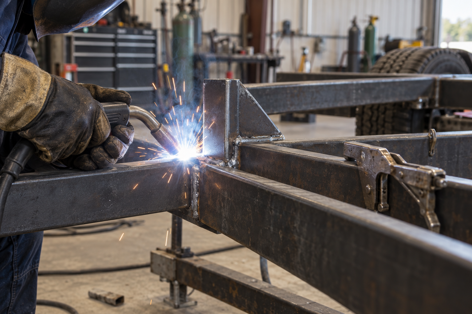 Gloved hands MIG welding a trailer chassis joint.