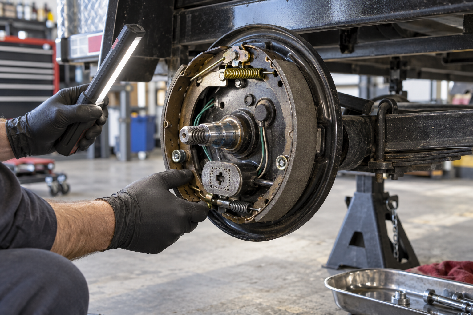 Gloved hands at an open electric drum brake showing the brake shoes, with a work light and jack stand nearby.