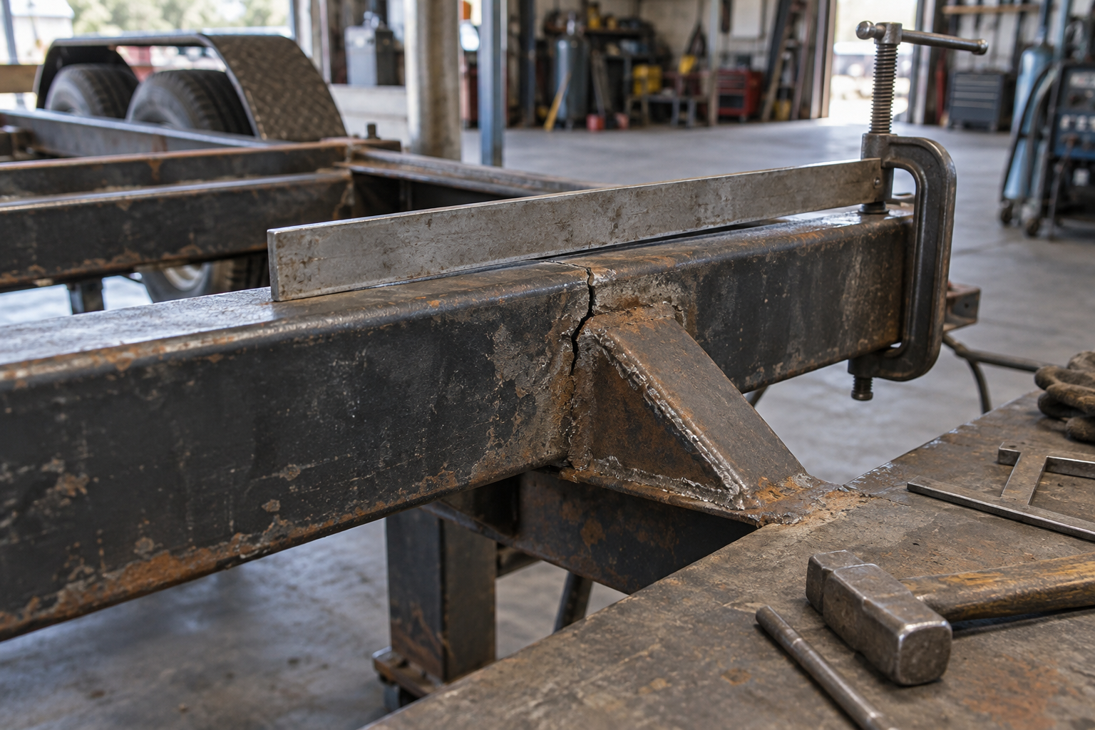 Cracked steel trailer frame rail beside a gusset, clamp, and straightedge.